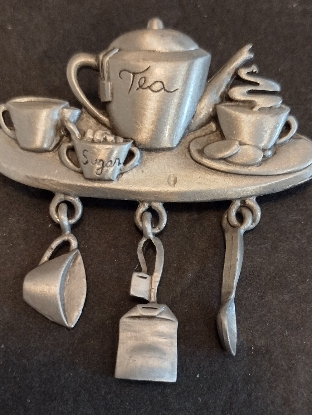 Tea Time Dangly Brooch Pewter Cup Bag Spoon Pin